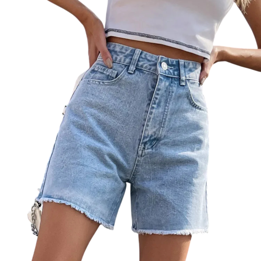 Women's High-Waisted Denim Shorts with Frayed Hem, Straight Cut Denim Shorts with Pockets for Summer in the City and Outdoors