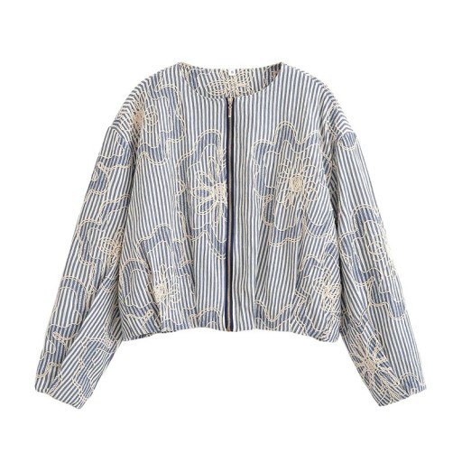 Women's Jacket with Floral Embroidery and Striped Pattern with Loose Sleeves in Blue and White for Casual City Wear and Everyday Use