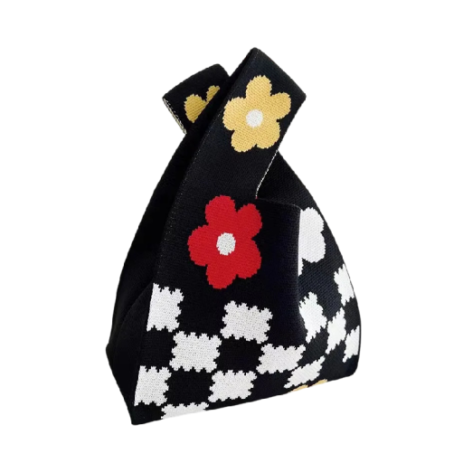 Women's Knitted Bag with Floral and Check Pattern 20x35 cm Polyester with Cotton Lining Black and White Everyday Bag