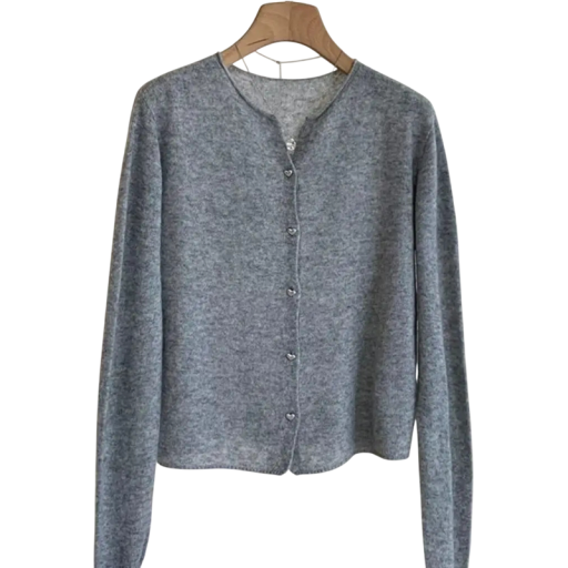 Women's Knitted Cardigan with Heart-Shaped Buttons Wool Sweater Grey Colour with Round Neck and Long Sleeves for Autumn and Winter