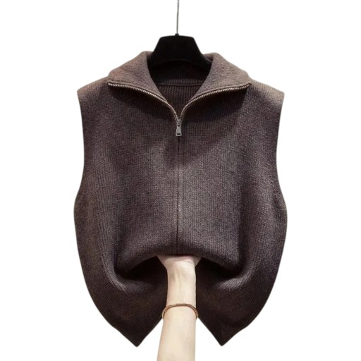 Women's Knitted Gilet with Stand-Up Collar and Double Metal Zip Full-Length Sleeveless Sweater Made of Fine Ribbed Knit with Deep Armholes
