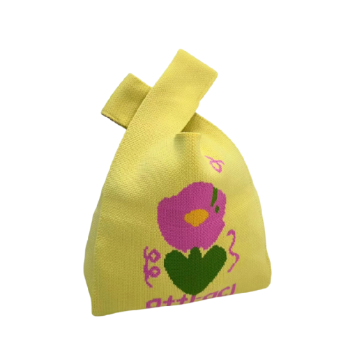 Women's Knitted Handbag with Floral Pattern 20x35 cm Polyester with Cotton Lining Yellow for Everyday Use