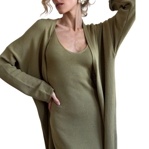 Women's Knitted Set Long Strappy Dress and Long Cardigan Made of Cotton Fitted Two-Piece Outfit for Everyday Wear and Leisure