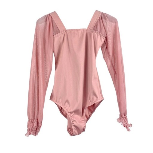 Women's Long Sleeve Dance Body with Deep Back, Sheer Sleeves, Nylon and Elastane Material, for Ballet and Dance