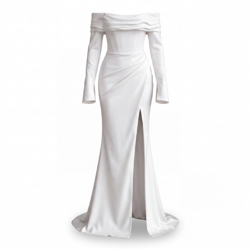 Women's Long Wedding Dress with Exposed Shoulders and Long Sleeves with High Slit and Lacing at the Back in White with Train