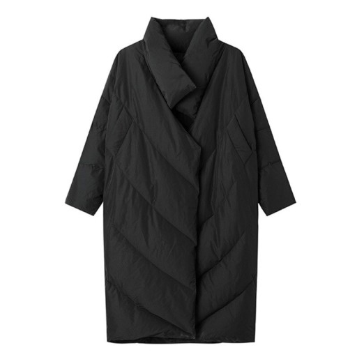 Women's Long Winter Oversized Coat with Large Shawl Collar Black Coat with Diagonal Stitching Dropped Shoulders Side Pockets Cotton