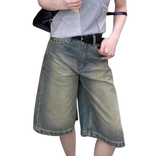 Women's Loose Denim Knee-Length Shorts with Dirty Vintage Design and High Waist Blue Denim Shorts for Summer and City Wear