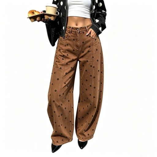 Women's Loose Jeans with Polka Dot Print, Wide Legs and High Waist with Belt Loops and Button Fastening