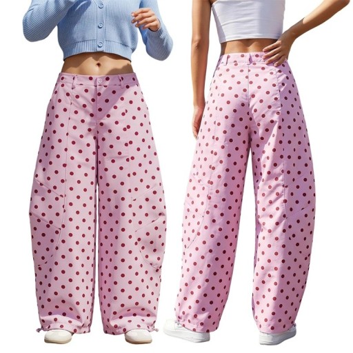 Women's Loose Trousers with Polka Dot Print, Wide Legs, Drawstring at the Hem, High Waist and Belt Loops