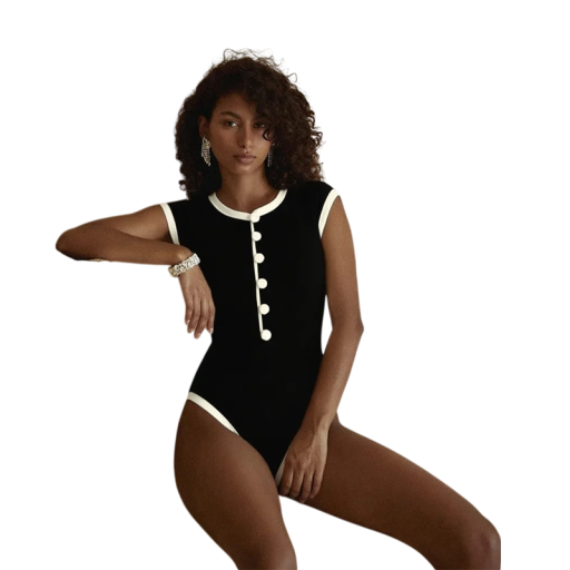 Women's One-Piece Swimsuit Solid Colour Design O-Neck with Buttons Polyester Material Summer Beach Fashion