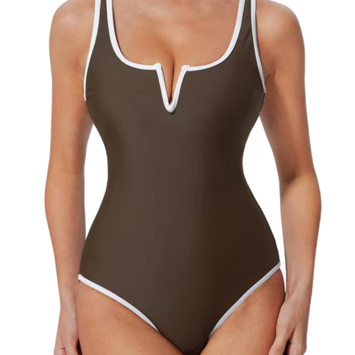 Women's One-Piece Swimsuit with Contrast Neckline and Smooth Cut Polyester Elastane Swimwear for Beach and Pool