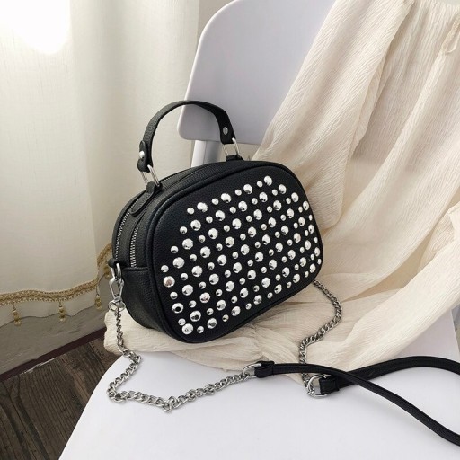 Women's Oval Crossbody Bag with Metal Studs Made of PU Leather Top Handle Chain Strap Zip Fastening Dimensions 20 x 16 x 10 cm