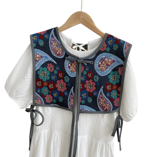 Women's Patterned Waistcoat with Ties Universal Size Cotton Cashmere Dark Blue Paisley Floral Motif Sleeveless