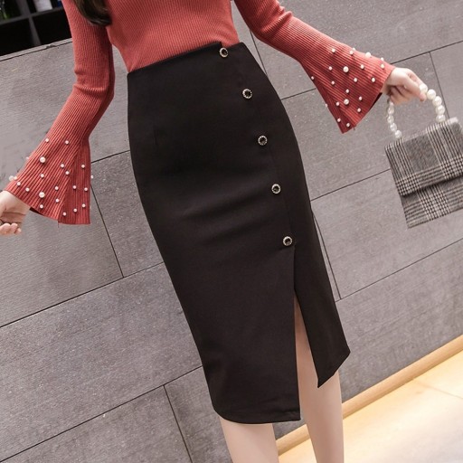 Women's Pencil Skirt with Slit and Buttons