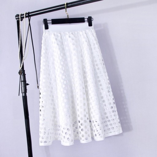 Women's Perforated Midi Skirt with Petticoat Pattern of Round Holes Flared A-line Cut Wide Elastic Waistband Polyester and Elastane
