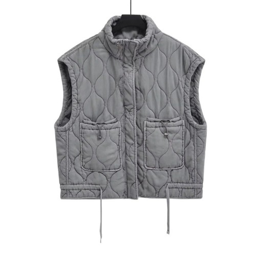 Women's Quilted Gilet with Stand-Up Collar and Pockets, Sleeveless, Grey Polyester with Adjustable Hem for Everyday Wear