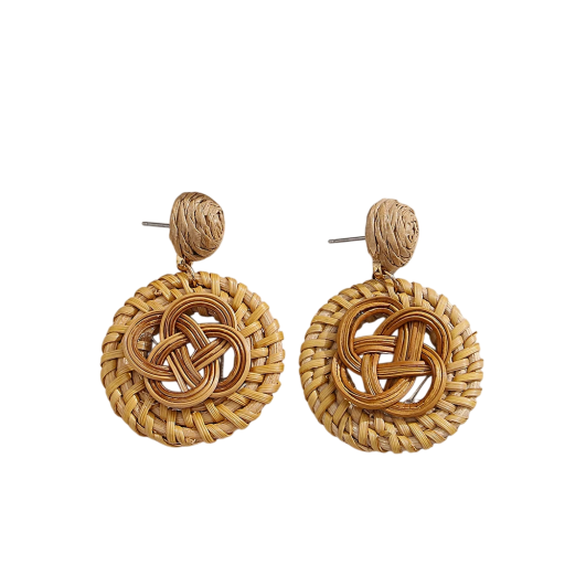 Women's Round Drop Earrings with Braided Pattern and Wooden Knot in Brown Natural Design for Everyday Wear and Accessories
