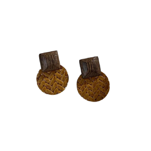 Women's Round Drop Earrings with Textured Pattern in Brown Wood with Geometric Detail for Everyday Wear