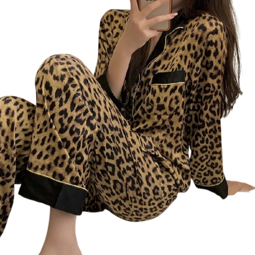 Women's Satin Pyjama Set with Long Sleeve Shirt and Long Trousers in Leopard Print, Universal Size, Polyester and Elastane for Sleeping