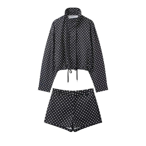 Women's Set Hoodie and Shorts Polka Dot Pattern Made of Polyester Stand-Up Collar with Drawstring Long Sleeves Loose Fit Home and Outdoor Clothing