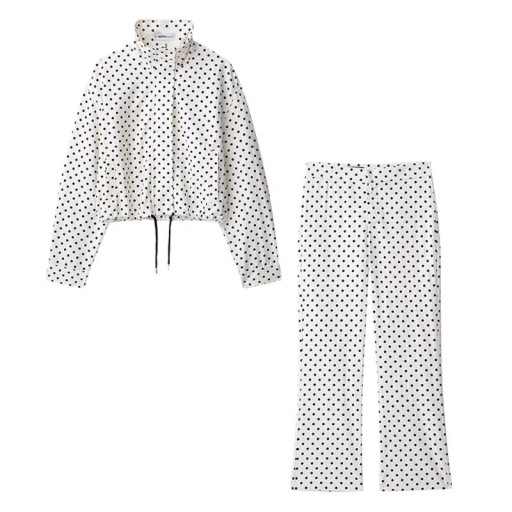 Women's Set Jacket and Trousers with Dots, Stand-up Collar and Drawstring, White Polyester for Summer in the City and Casual Wear