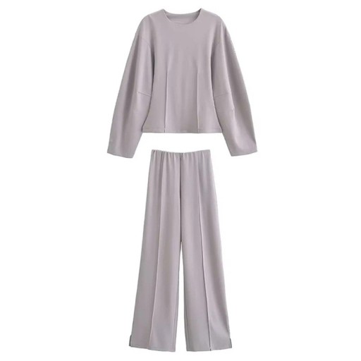 Women's Set Long Sleeve Top and Trousers Loose Fit Polyester Round Neck Wide Leg Casual Wear for Home and Out