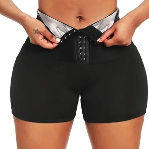 Women's Shaping Shorts with High Waist Black Thermal Compression Shorts for Fat Burning Slimming Fitness Shorts with Hook Closure