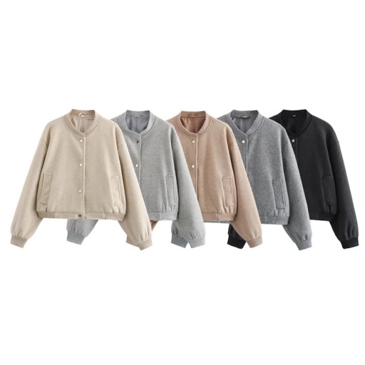 Women's Short Button-Up Bomber Jacket with Pockets and Ribbed Cuffs Long Sleeve Casual Jacket for City and Everyday Wear