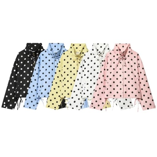 Women's Short Coat with Polka Dot Pattern, Button Fastening, Long Sleeves, Stand Collar, Adjustable Hem, Side Pockets, Casual for City and Outdoors