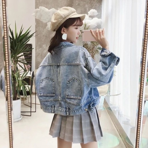 Women's Short Denim Jacket Loose Fit Dropped Shoulders Wide Long Sleeves Chest Pockets with Flap Polyester and Cotton Suitable for Skirts