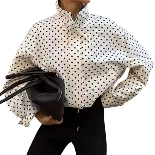 Women's Short Jacket with Polka Dot Pattern Long Sleeve Stand-up Collar Adjustable Hem Casual for City and Outdoors
