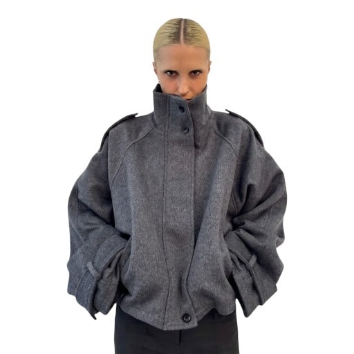 Women's Short Oversized Coat with High Buttoned Collar, Side Pockets and Wide Sleeves for Autumn in the City
