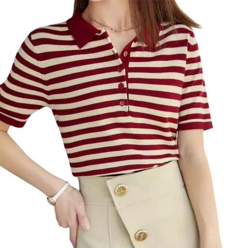 Women's Short Sleeve Polo Shirt Striped Design V-Neck with Collar and Buttons Cotton Summer Top