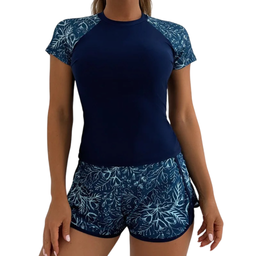 Women's Short Sleeve Tankini with Floral Pattern Polyester Elastane Swim Set for Beach and Swimming
