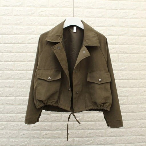Women's Short Spring Jacket with Wide Collar Two Large Flap Pockets Metal Button Fastening Drawstring at Hem Polyester