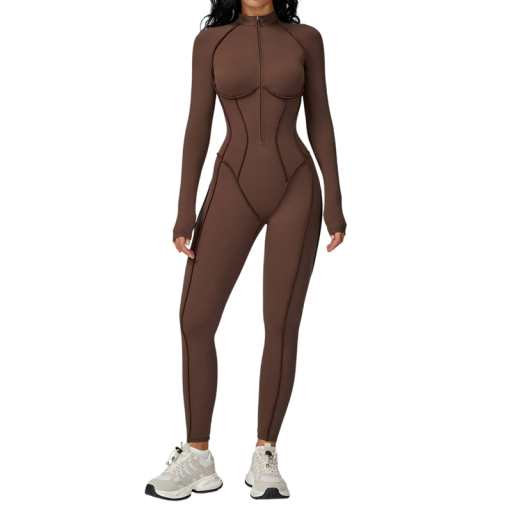 Women's Sports Jumpsuit Long Sleeve Top and Leggings With Zip in Neck Solid Colour Jumpsuit Made of Nylon and Spandex