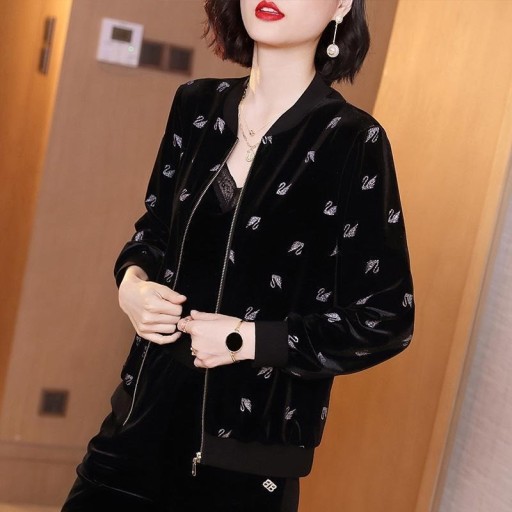 Women's Spring Velvet Bomber Jacket with Decorative Pattern Stand-up Collar Zip Fastening Cuffs and Hem Velvet and Polyester