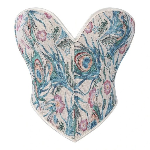 Women's Strapless Corset Beige with Peacock Feather Pattern V-Neck Back Lacing Polyester Elegant Top