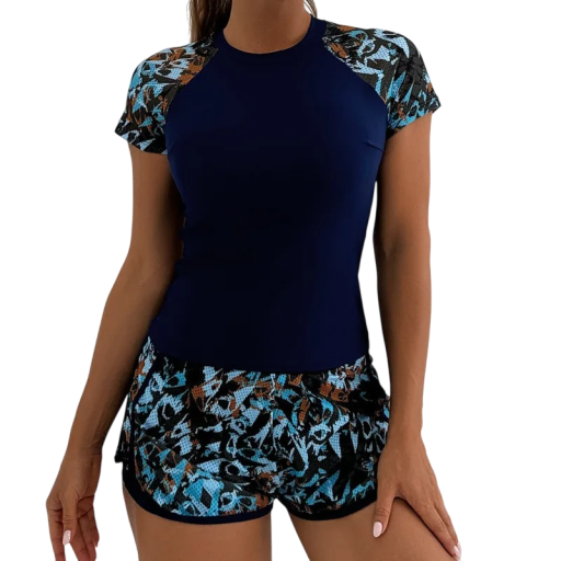 Women's Tankini with Short Sleeves and Abstract Pattern Polyester Elastane Swim Set for Beach and Swimming