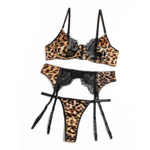 Women's Three-Piece Lingerie Set with Leopard Print and Black Lace Bra with Underwire Suspender Belt with Suspenders and Thong