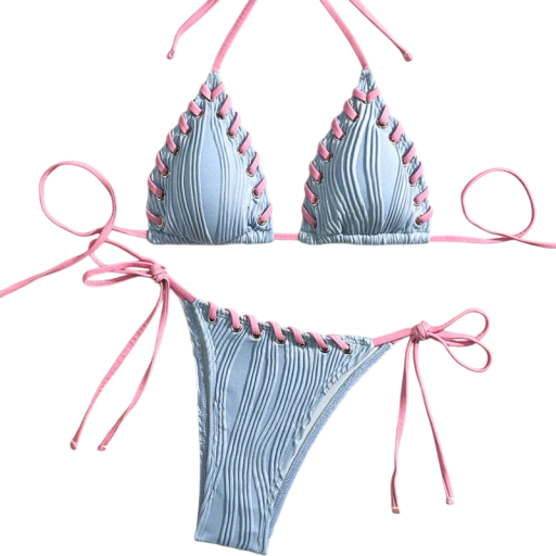 Women's Two-Piece Bikini Triangle Bra Thong Pants String Ties Decorative Lacing Summer Swimwear for the Beach