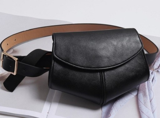 Women's Waist Bag with Flap on Belt Rounded Shape with Piped Edges Wide Belt with Square Gold Buckle PU Leather