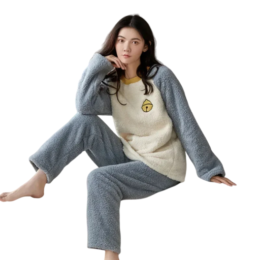 Women's Warm Winter Plush Pyjama with Jingle Bell Pattern Long Sleeve Top and Trousers Made of Soft Polyester and Spandex Blue Colour