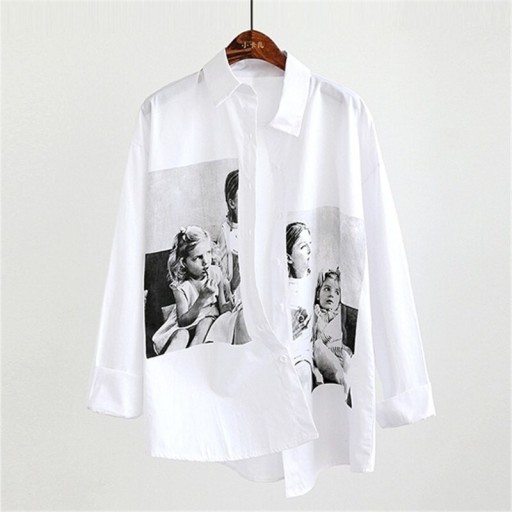 Women's White Shirt with Large Black and White Print on the Front Long Sleeves with Cuffs Classic Collar Relaxed Fit Cotton and Polyester