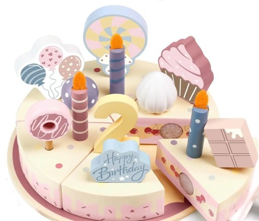 Wooden Birthday Cake 16.5 cm Children's Cutting Toy with Candles, Decorations and Ladle Kitchen Toy for Celebration Play