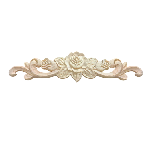 Wooden Carved Rose Application with Ornaments 30 × 7.5 cm Solid Wood Natural Light Furniture Decoration for Drawer Fronts and Mouldings