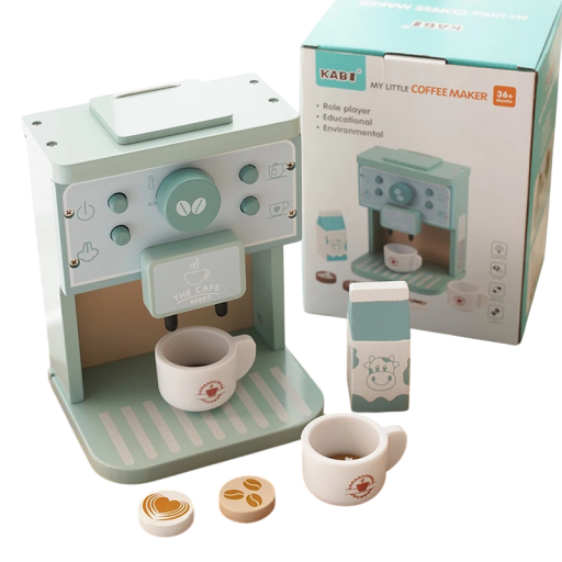 Wooden Children's Coffee Maker 8 pcs Blue Kitchen Montessori Set with Cups, Milk and Biscuits Educational Toy for Girls and Boys