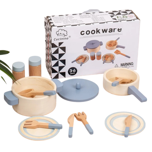Wooden Kitchen Set for Children Blue Toy with Pots, Pans and Cutlery Montessori Educational Cooking and Role Play Chef Toy