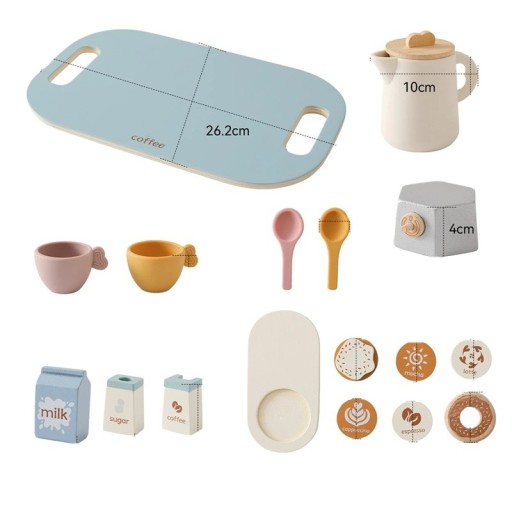 Wooden Montessori Tea Set for Children Kettle with 2 Cups 6 Plates Tray and Accessories BPA Free Educational Toy with Milk Sugar and Coffee