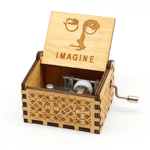 Wooden Music Box with the Inscription Imagine Portrait Glasses Manual Winding 6.4 × 5.2 × 4.2 cm Natural Wood Engraving Decoration